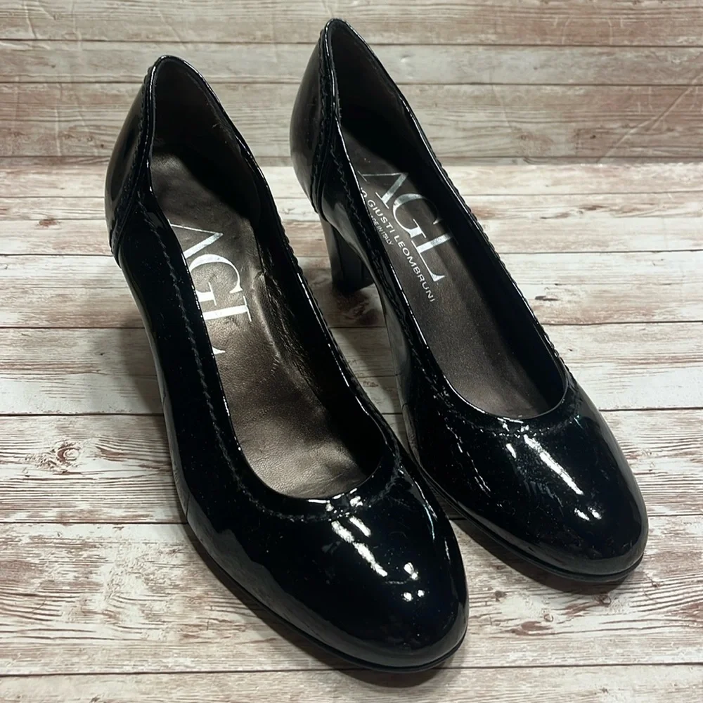 AGL Attilio Giusti Leombruni Vero Cuoio Black Patent Leather Heels Size 38 1/2